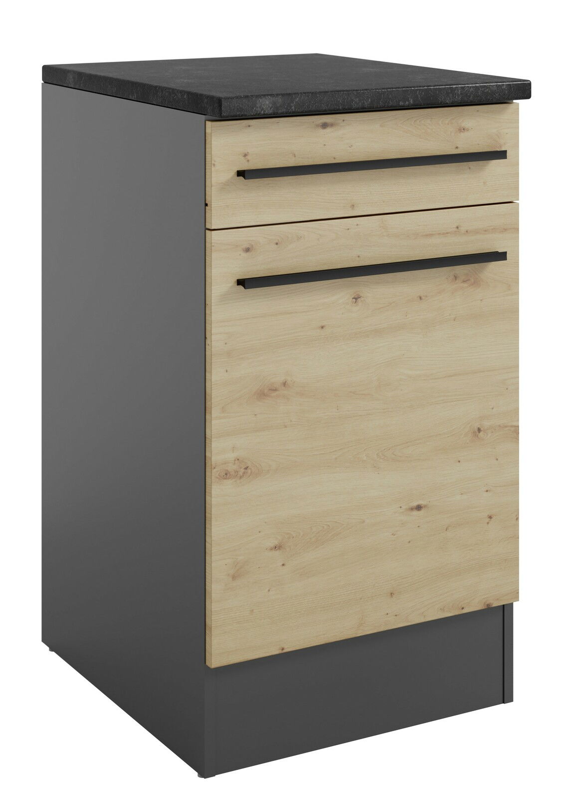 Yourkitchen Unterschrank JAZZ Unterschrank 50 mit Holzfront und dunkler Arbeitsplatte, seitliche Perspektive
