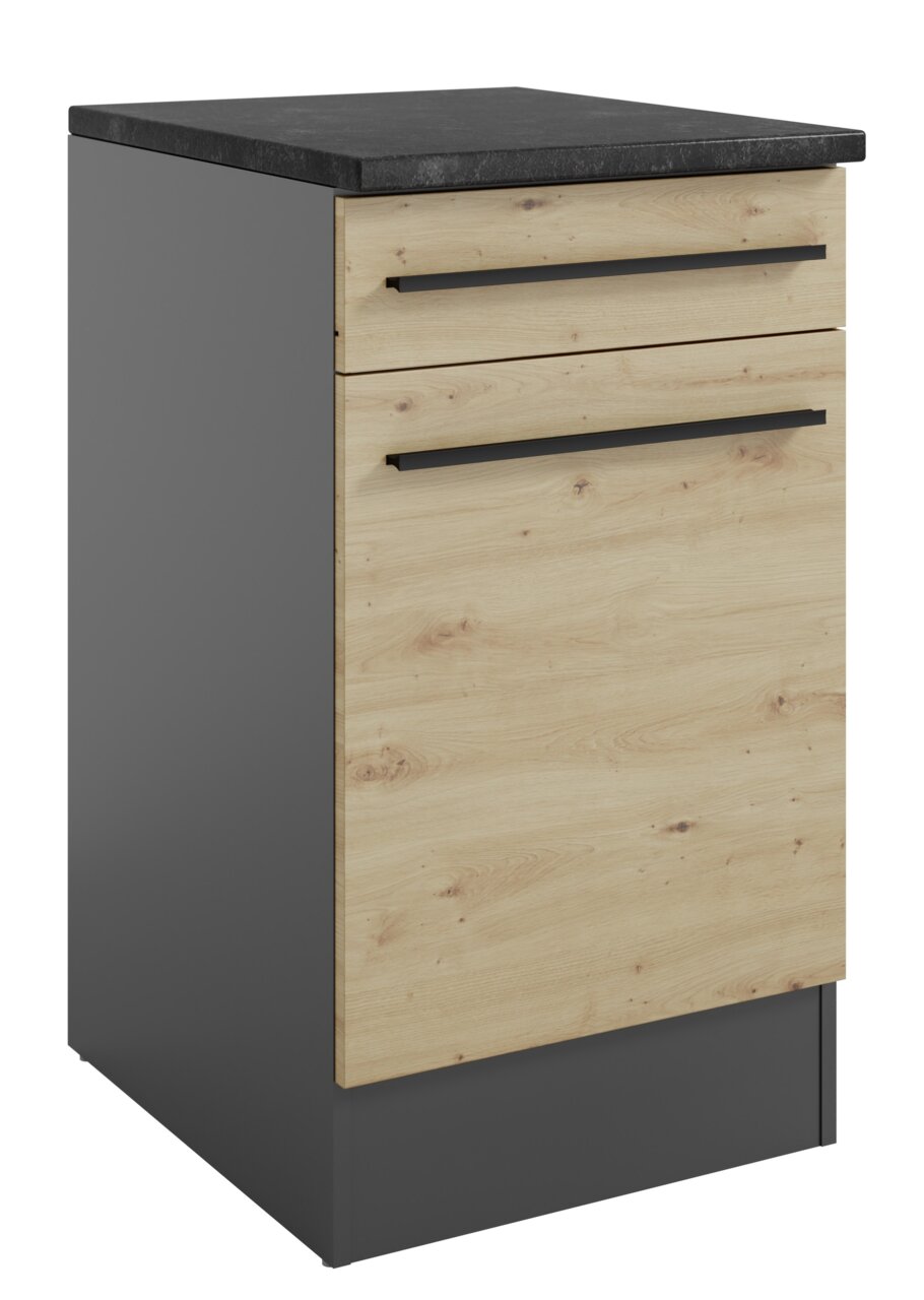 Unterschrank 50 mit Holzfront und dunkler Arbeitsplatte, seitliche Perspektive