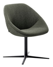 Moderner, dunkelgrüner Stuhl mit gepolsterter Sitzfläche und schwarzem Metallfuß, seitliche Perspektive