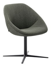 Moderner, dunkelgrüner Stuhl mit gepolsterter Sitzfläche und schwarzem Metallfuß, seitliche Perspektive