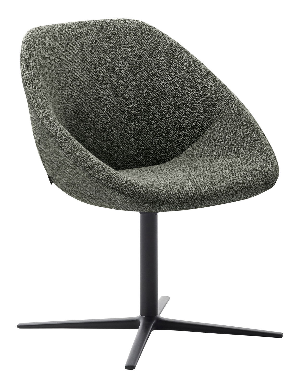 Moderner, dunkelgrüner Stuhl mit gepolsterter Sitzfläche und schwarzem Metallfuß, seitliche Perspektive