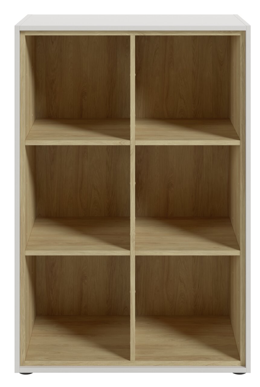 Frontale Ansicht eines Aktenregals mit vier Fächern, Holzoptik