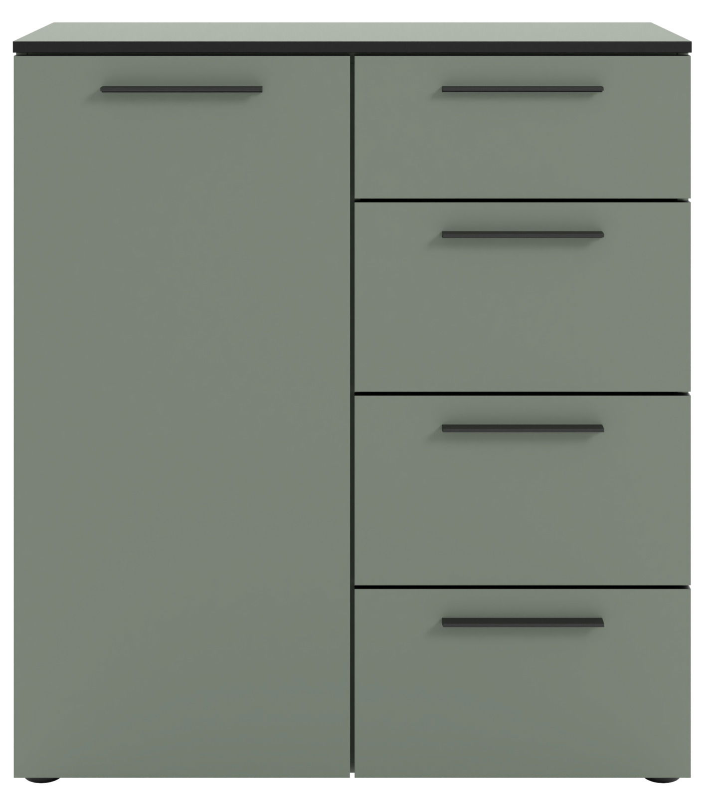 Grüne Kommode mit einer Tür und vier Schubladen, frontal betrachtet