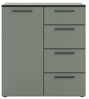 Grüne Kommode mit einer Tür und vier Schubladen, frontal betrachtet