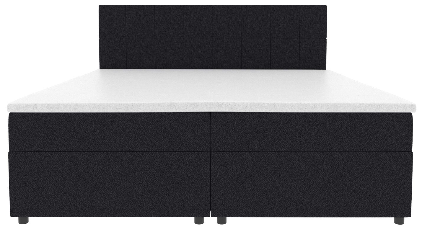 Schwarzes Boxspringbett mit gepolstertem, quadratisch gestepptem Kopfteil und weißer Matratze, frontal von vorn aufgenommen.