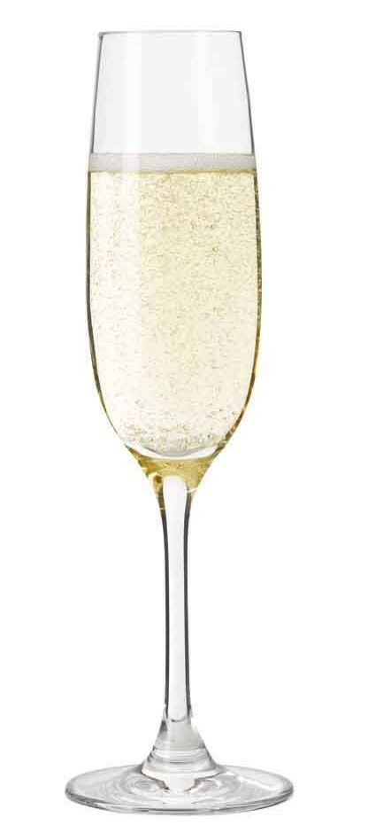 Sektglas Ciao+ 190ml, gefüllt mit Sekt, in Frontalansicht