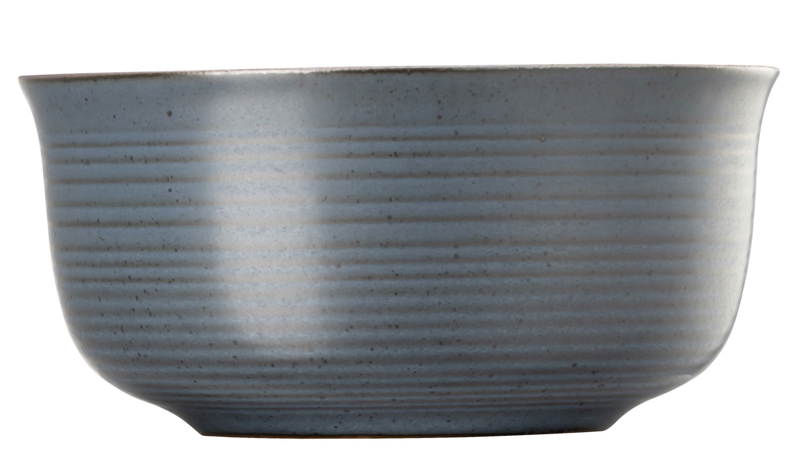 Seitliche Ansicht einer blauen Müslischale mit feinen horizontalen Linien.