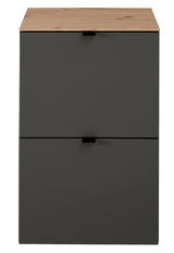 Vorderansicht eines schmalen Hänge-Schuhschranks mit dunkler Front und Holzoberfläche.