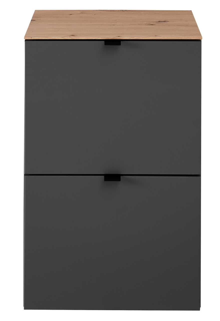 Vorderansicht eines schmalen Hänge-Schuhschranks mit dunkler Front und Holzoberfläche.