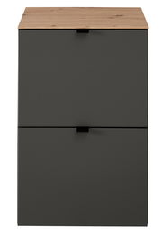 Vorderansicht eines schmalen Hänge-Schuhschranks mit dunkler Front und Holzoberfläche.