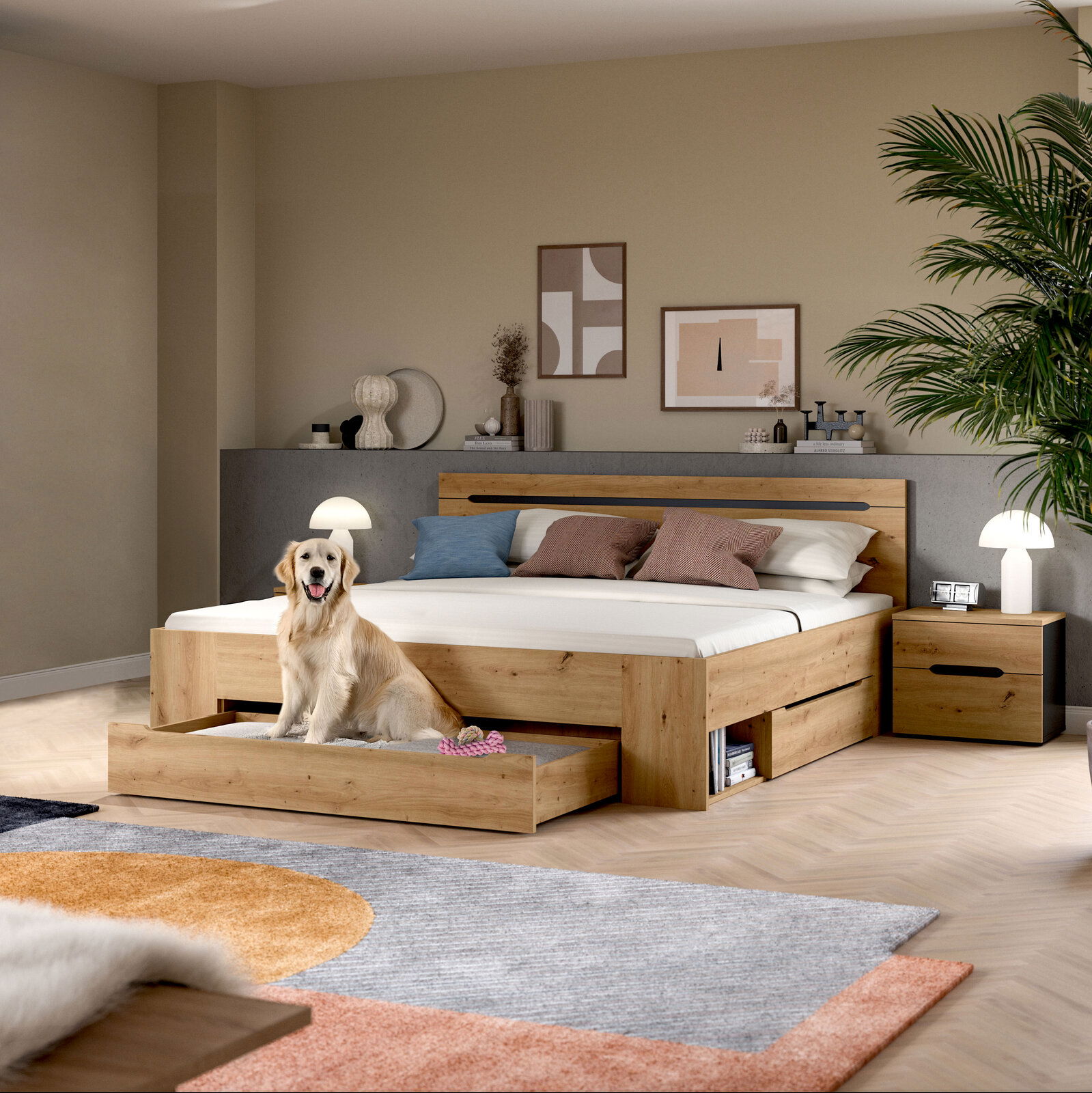 Modernes Holzbett in Eiche-Optik mit hohem Kopfteil, integrierten Schubladen und Nachttisch im Schlafzimmer, frontale Perspektive auf das Bett