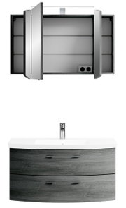 Moderne Badkombination mit grauem Holzfinish, bestehend aus einem Waschbeckenunterschrank mit zwei Schubladen und einem Spiegelschrank mit offenen Türen, aus der Frontalperspektive.