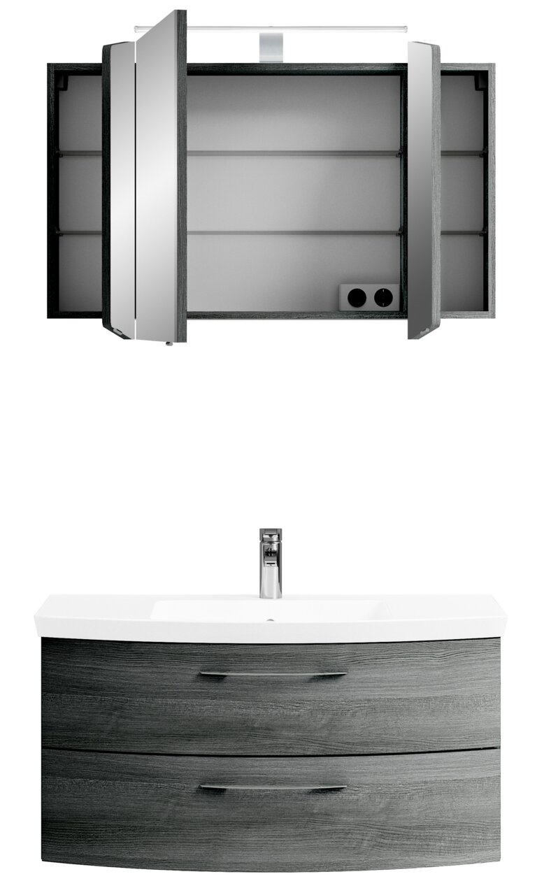 Moderne Badkombination mit grauem Holzfinish, bestehend aus einem Waschbeckenunterschrank mit zwei Schubladen und einem Spiegelschrank mit offenen Türen, aus der Frontalperspektive.