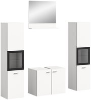 Moderne Badkombination BOSTON in Weiß mit zwei hohen Schränken, einem Spiegel und einem Unterschrank, frontal abgebildet.