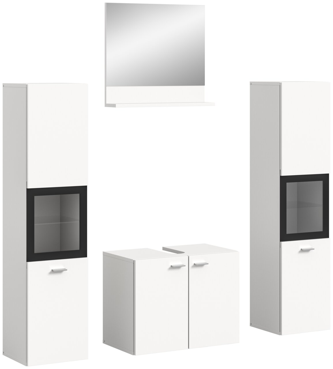 MID.YOU Badkombination BOSTON Moderne Badkombination BOSTON in Weiß mit zwei hohen Schränken, einem Spiegel und einem Unterschrank, frontal abgebildet.