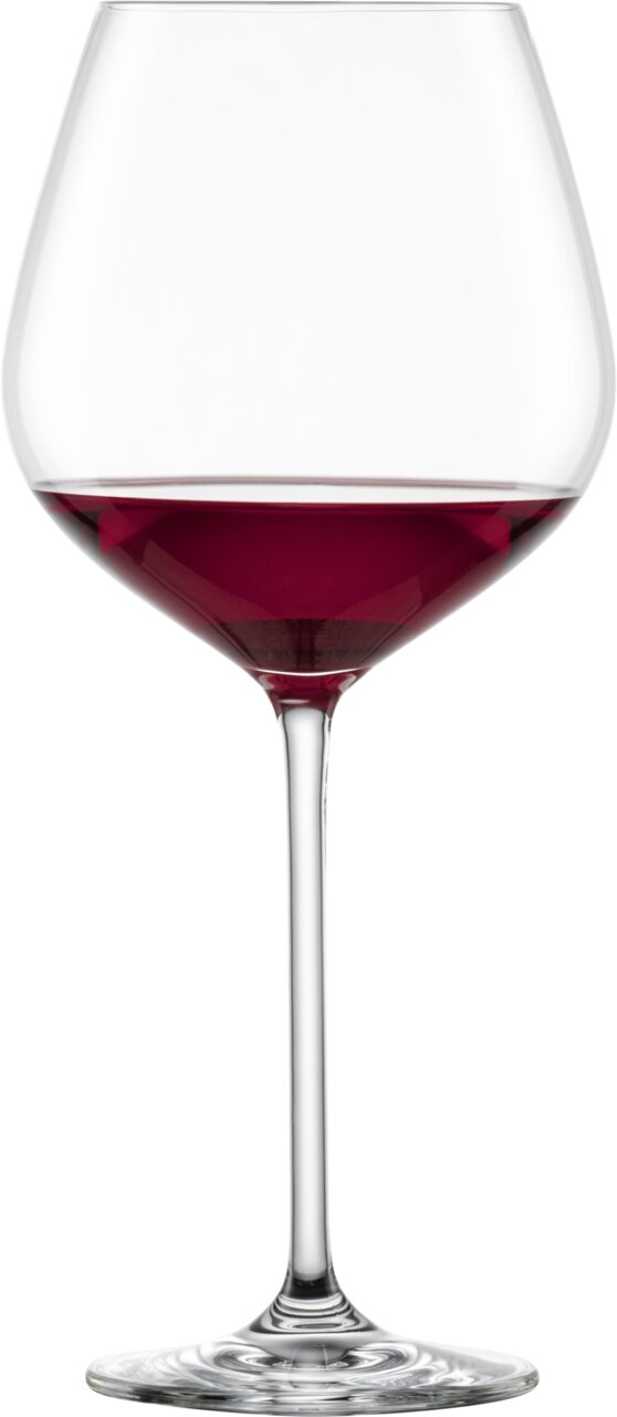 Burgunder Rotweinglas mit rotem Wein, seitliche Perspektive