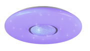 Runde Deckenleuchte mit lila Beleuchtung und funkelnden Effekten, Ansicht von unten