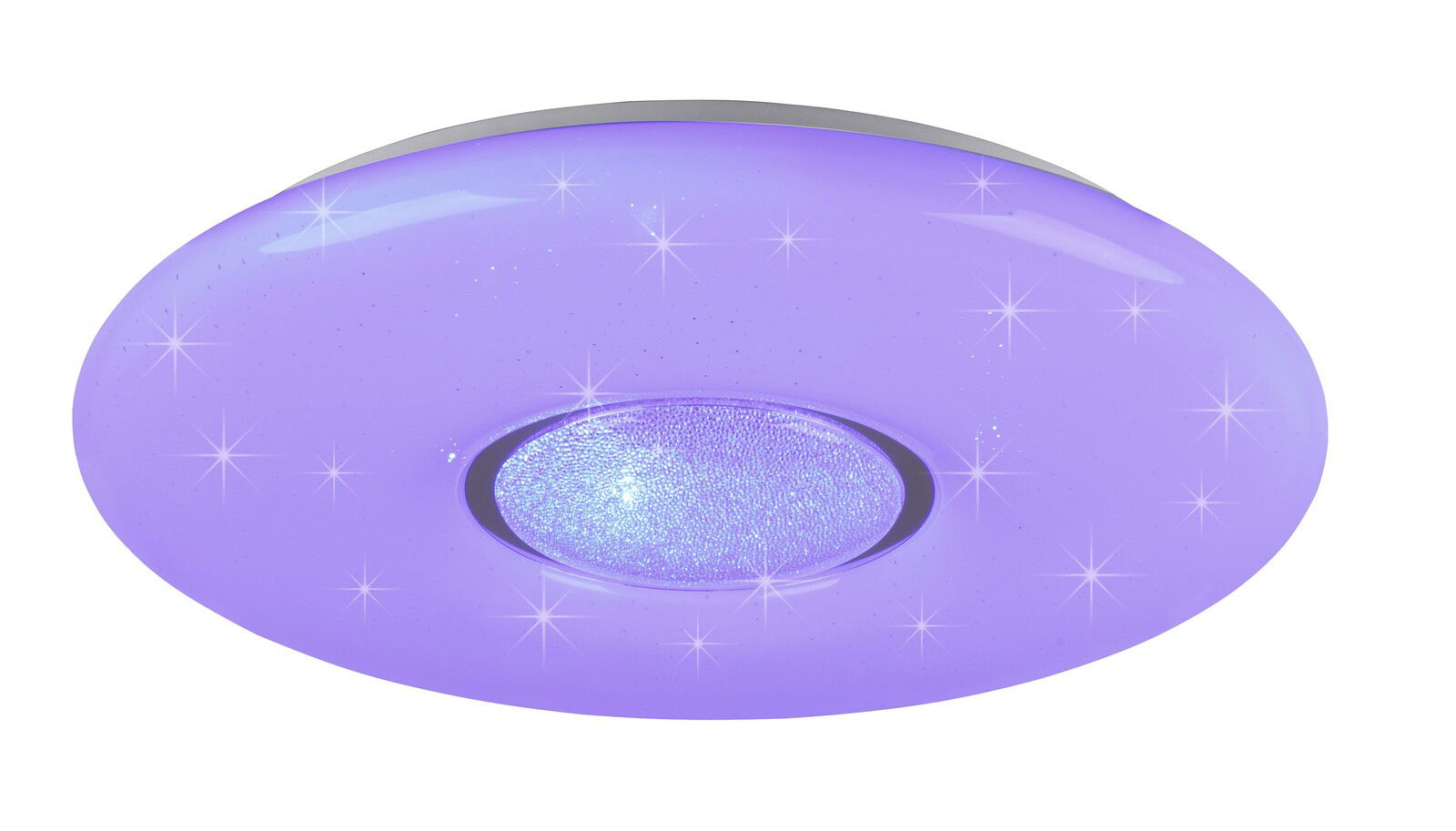 Runde Deckenleuchte mit lila Beleuchtung und funkelnden Effekten, Ansicht von unten
