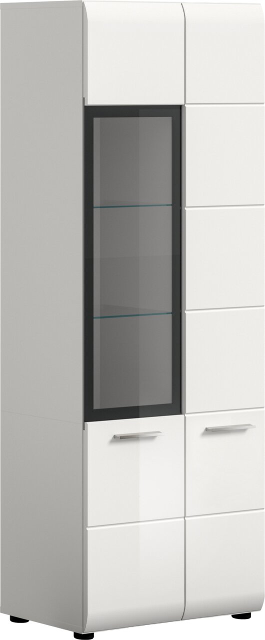 MID.YOU Vitrine ICE Weißer, moderner Hochschrank mit Glastür und Metallgriffen, leicht schräg von vorne links fotografiert