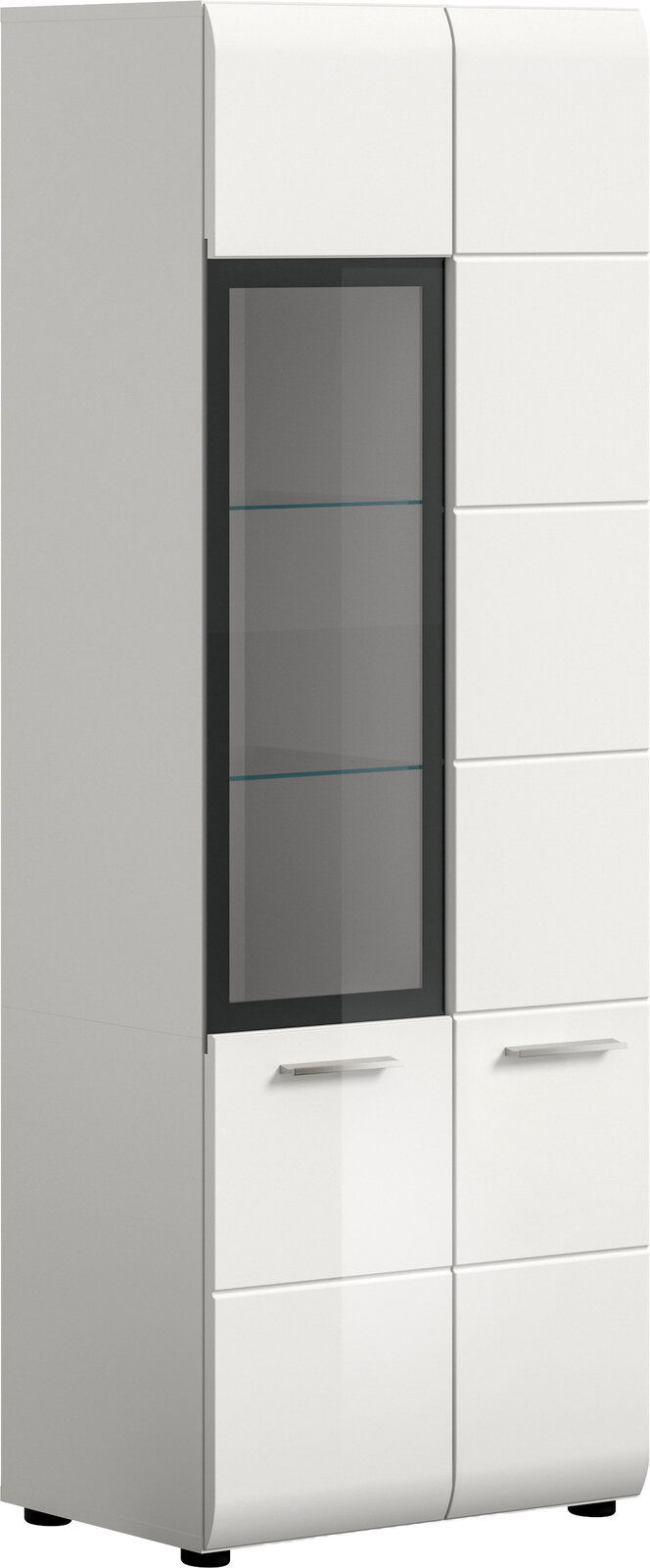 Weißer, moderner Hochschrank mit Glastür und Metallgriffen, leicht schräg von vorne links fotografiert