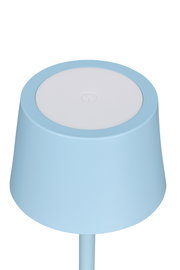 Blaue Akku-Tischleuchte von oben mit rundem, weißem Bedienfeld