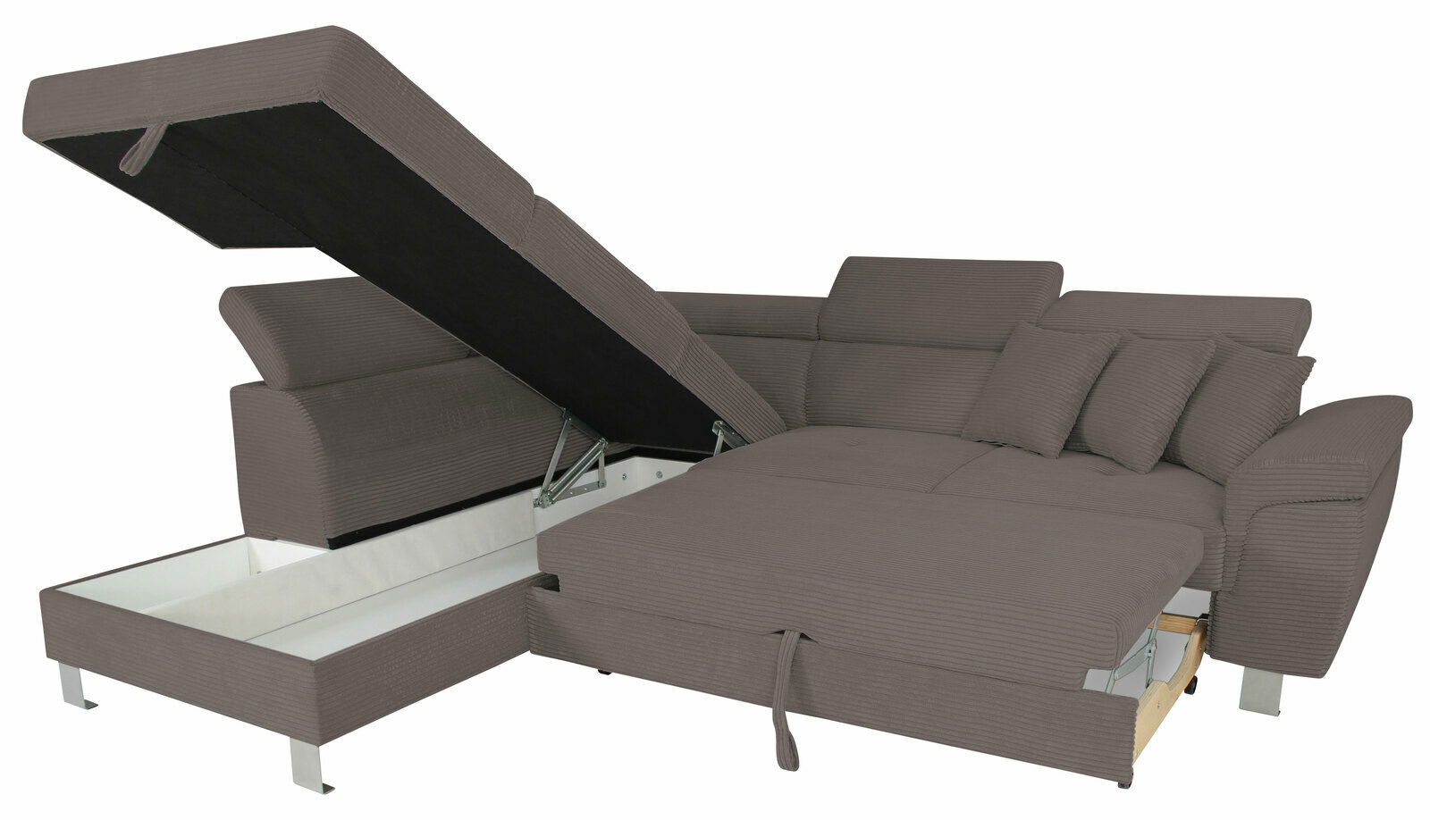 Ecksofa mit Stauraum und ausziehbarer Liegefläche, Perspektive von vorne links