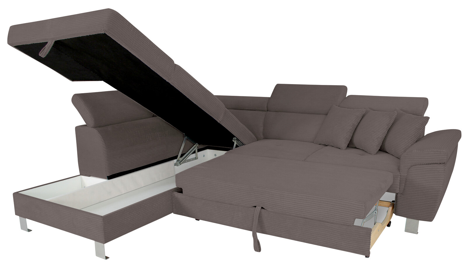 Ecksofa mit Stauraum und ausziehbarer Liegefläche, Perspektive von vorne links