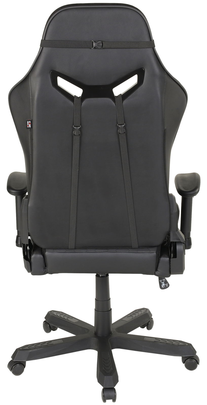 Rückansicht eines schwarzen Gaming-Stuhls mit ergonomischem Design und verstellbaren Armlehnen.