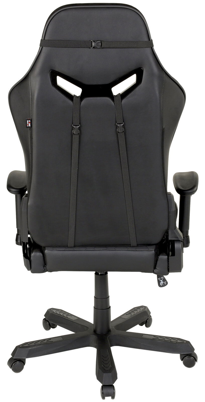 Rückansicht eines schwarzen Gaming-Stuhls mit ergonomischem Design und verstellbaren Armlehnen.