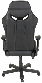 Achterkant van een zwarte gamingstoel met een ergonomisch ontwerp en verstelbare armleuningen.