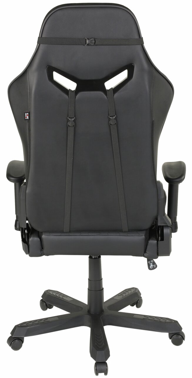 Achterkant van een zwarte gamingstoel met een ergonomisch ontwerp en verstelbare armleuningen.