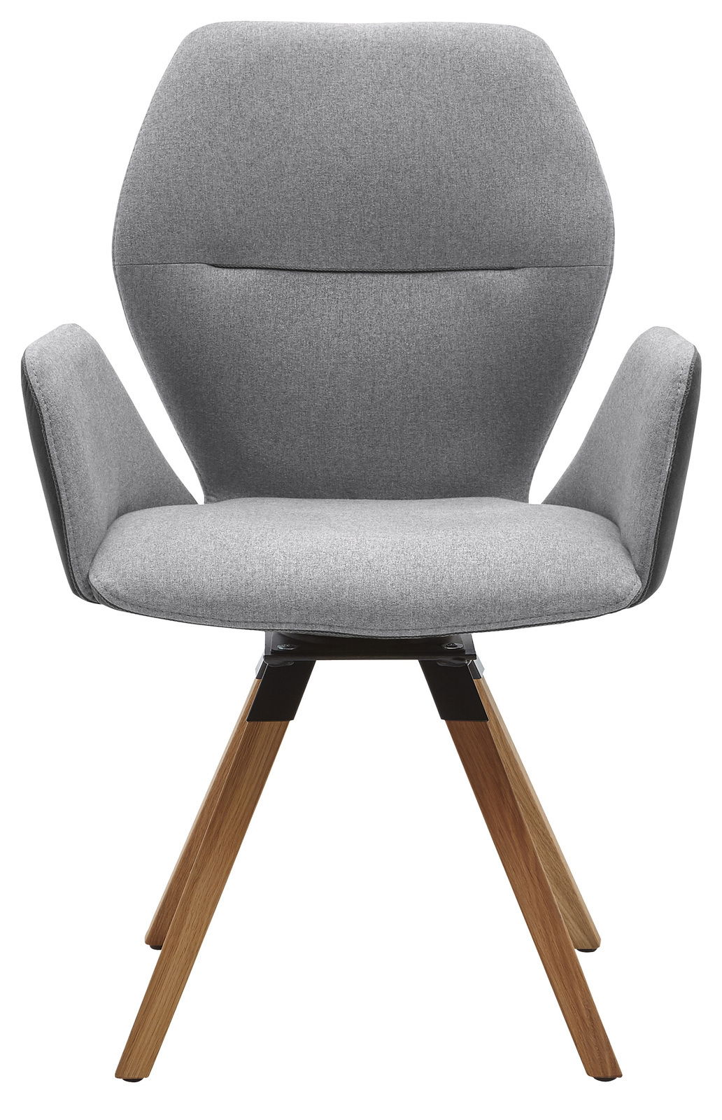 Grauer Armlehnenstuhl mit Holzbeinen, Frontalansicht