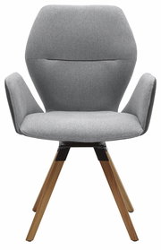 Grauer Armlehnenstuhl mit Holzbeinen, Frontalansicht