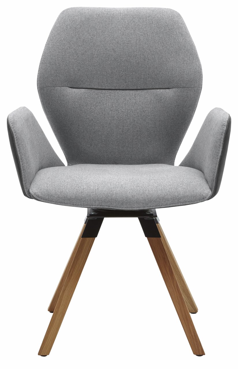 Grauer Armlehnenstuhl mit Holzbeinen, Frontalansicht