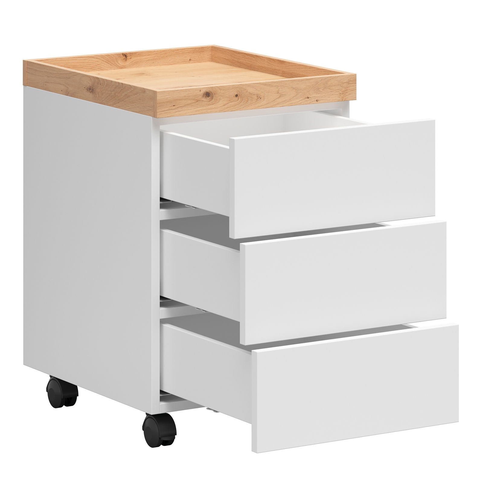 Rollcontainer mit drei offenen Schubladen, weiß mit einer Holzplatte oben, auf Rollen, Perspektive von vorne links