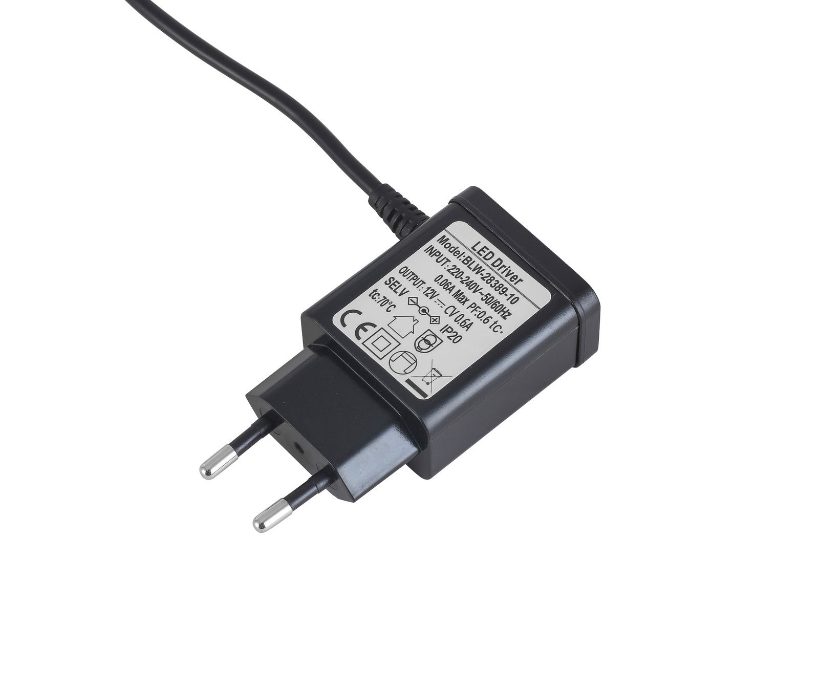 LED-Treiber mit europäischem Stecker, seitliche Perspektive