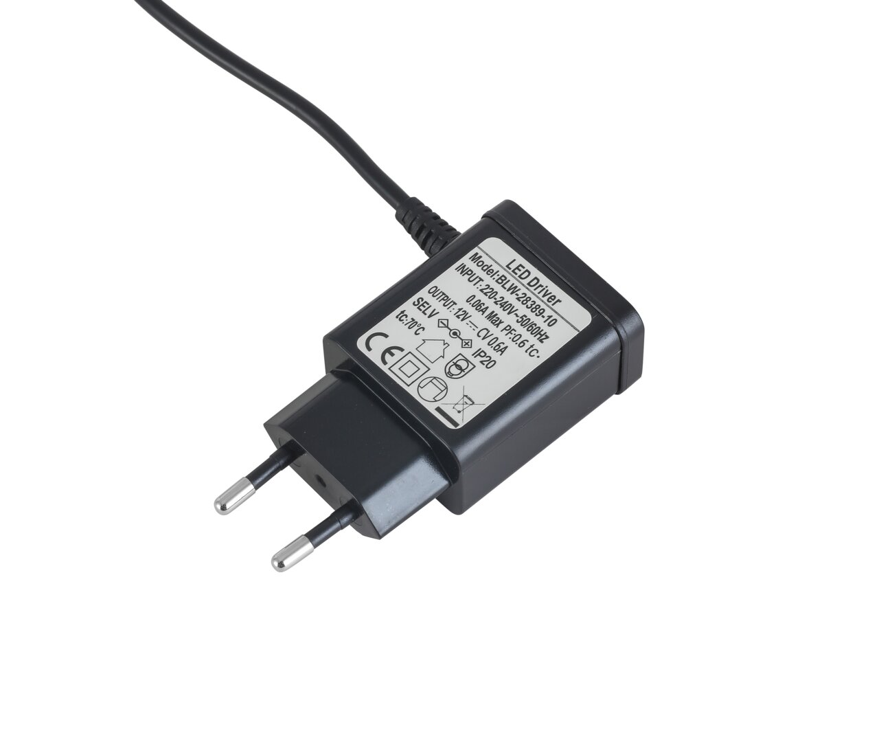 LED-Treiber mit europäischem Stecker, seitliche Perspektive