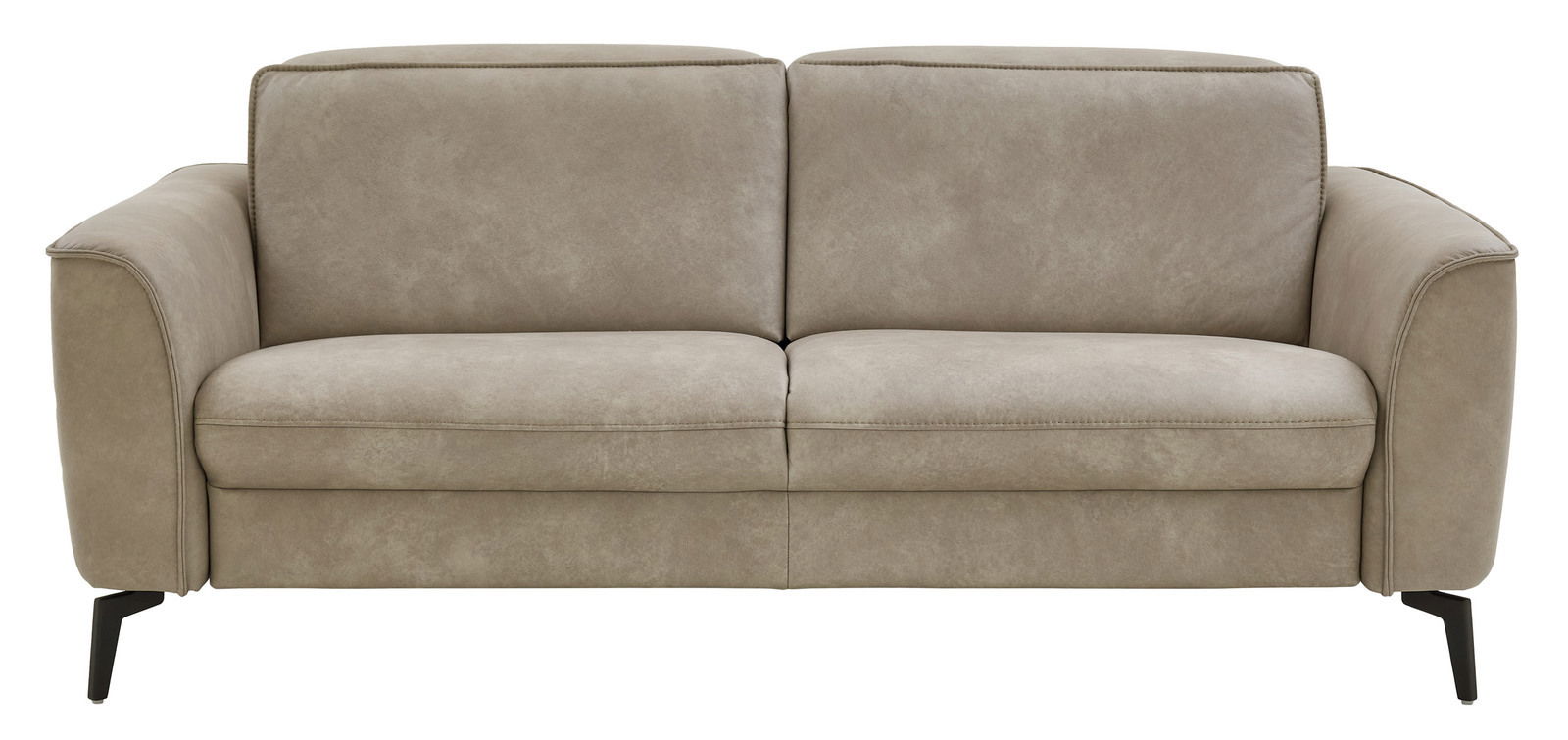 Beiges 2,5-Sitzer-Sofa Valdera mit schwarzen Metallfüßen, Frontalansicht.