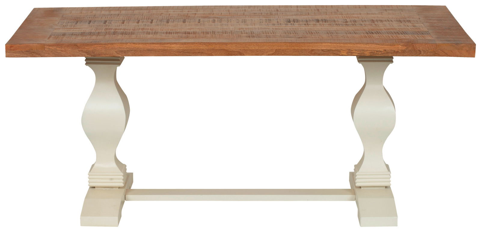 Esstisch mit Holzplatte und weißen, geschwungenen Beinen, Frontalansicht