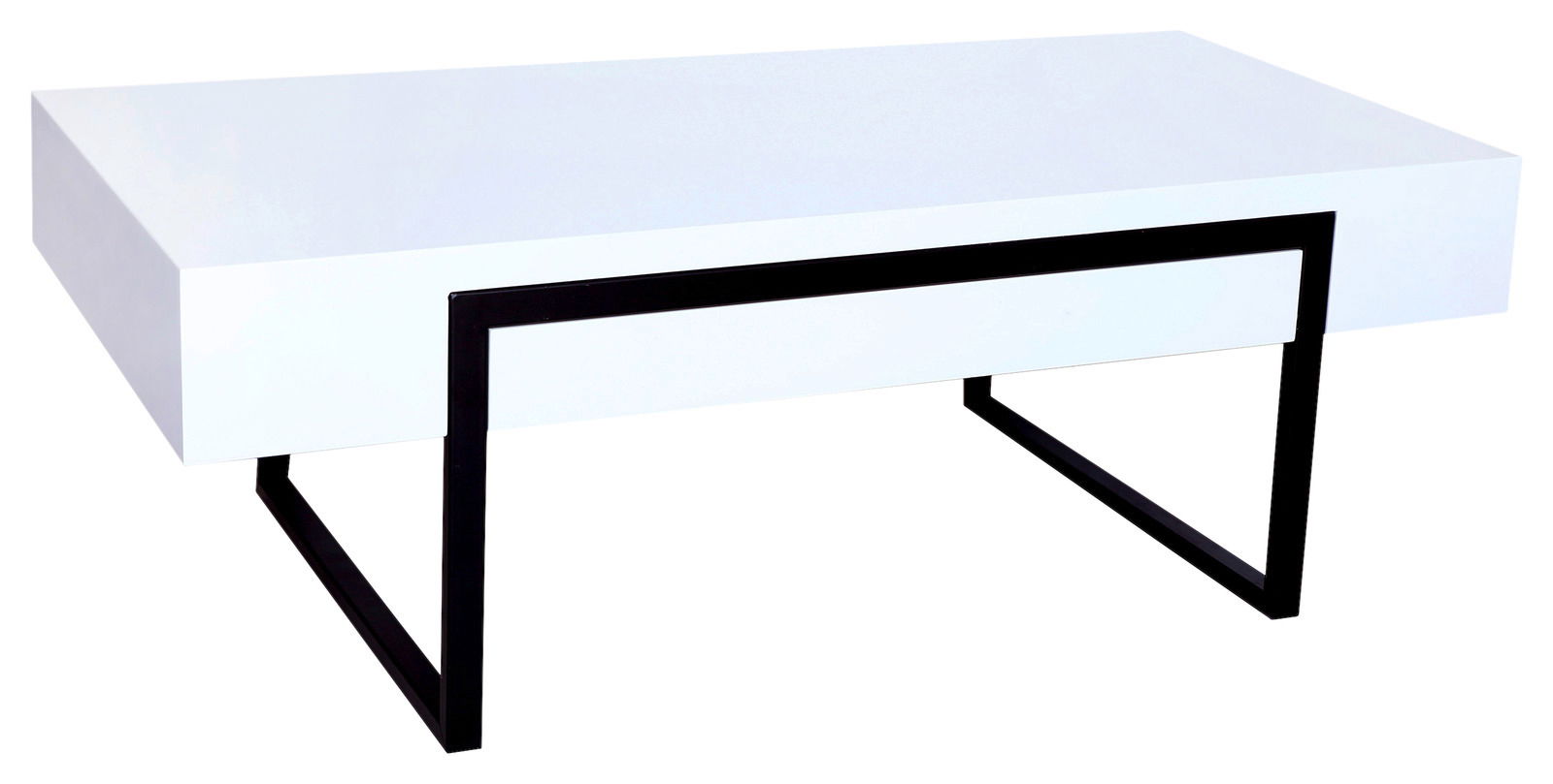 Moderner weißer Couchtisch mit schwarzem Metallgestell, seitliche Perspektive