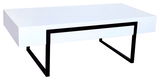 Moderner weißer Couchtisch mit schwarzem Metallgestell, seitliche Perspektive