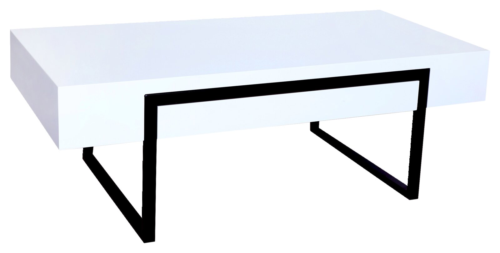 Moderner weißer Couchtisch mit schwarzem Metallgestell, seitliche Perspektive