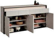 XL-dressoir met open deuren en lades, gevuld met decoratieve voorwerpen en textiel, zijaanzicht