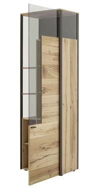 Vitrine aus Holz und Glas, teilweise geöffnet, seitliche Perspektive