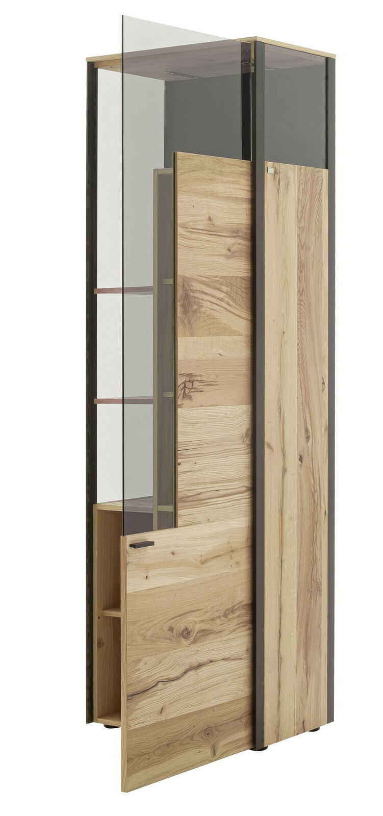 Vitrine aus Holz und Glas, teilweise geöffnet, seitliche Perspektive