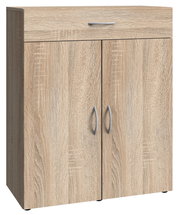 Schuhschrank aus Holz mit zwei Türen und einer Schublade, frontal betrachtet