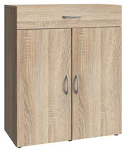 Schuhschrank aus Holz mit zwei Türen und einer Schublade, frontal betrachtet