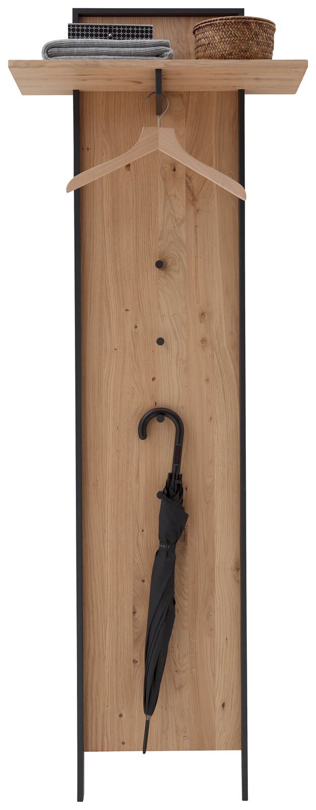 Garderoben-Set mit Holzpaneel, Kleiderbügel, Regalfach mit gefalteten Textilien und Korb, frontal betrachtet