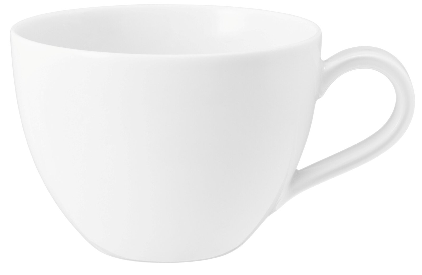 Weiße Kaffeetasse mit Henkel, seitliche Perspektive