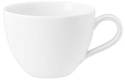Weiße Kaffeetasse mit Henkel, seitliche Perspektive